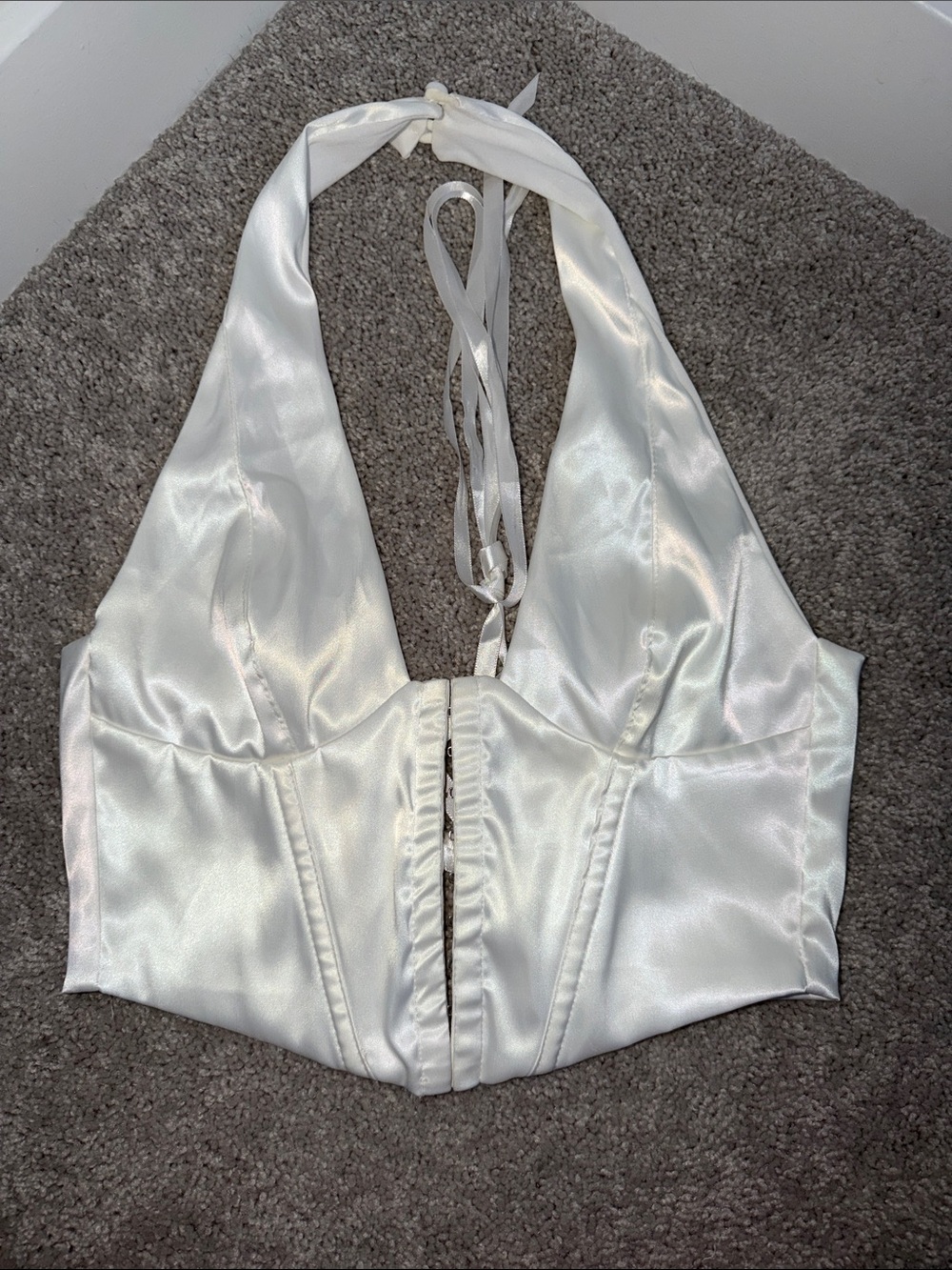 Satin Halter Crop Top in White - Elegant Tie-Back